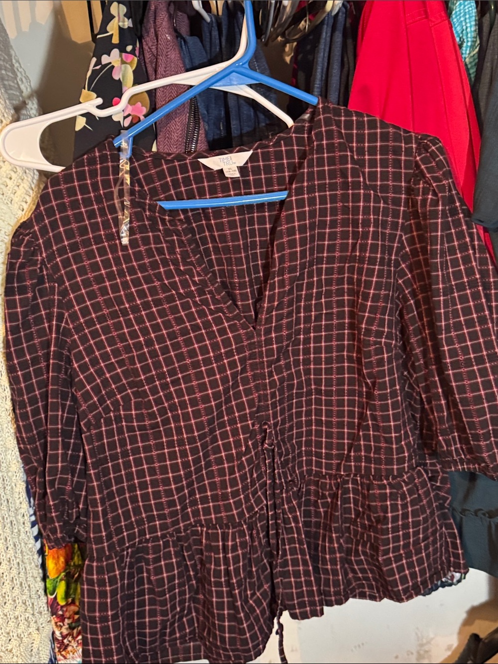 Time and Tru Black Blouse with Pink Grid Check